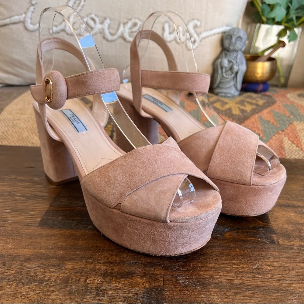 Prada Beige Suede Crisscross Platform Block Heel Sandals EU39